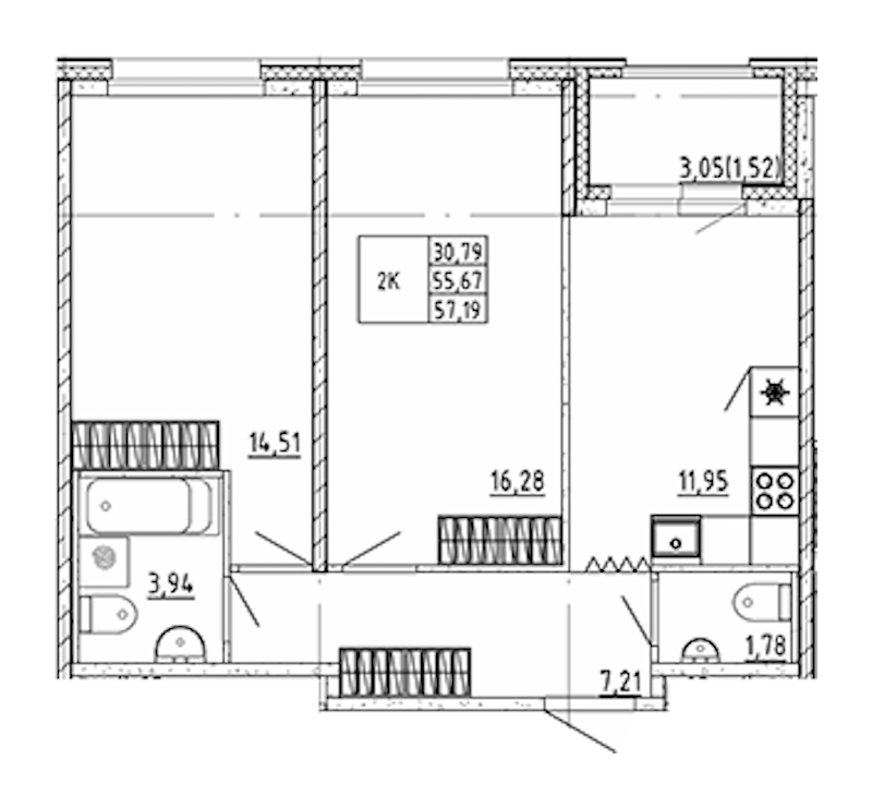 2-комнатная квартира 57.19 м², 12/12 эт., ЖК «UP! Квартал Воронцовский»